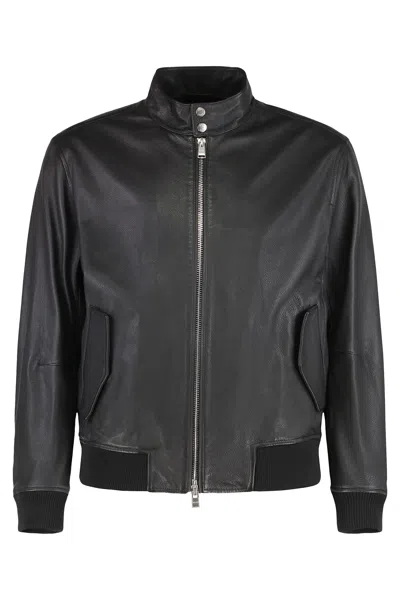 Hugo Boss Stylish Leather Outerwear High Collar In Multi