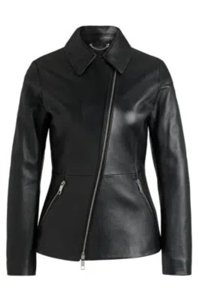 Hugo Boss Leather Jacket With Asymmetric Two-way Zip In Black