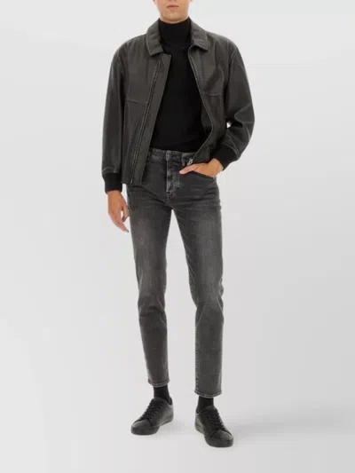 Hugo Boss Leather Jacket With Collared Design And Pockets In Black