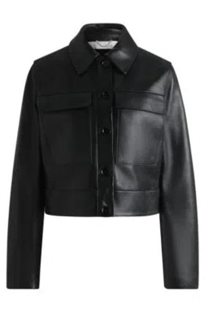 Hugo Boss Leather Jacket With Contrast Cuffs And Buttoned Closure In Black