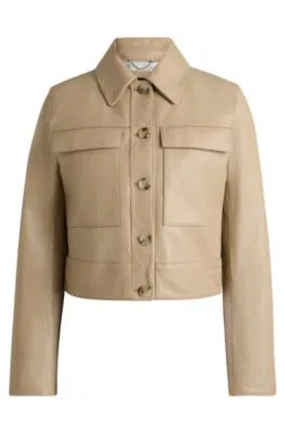 Hugo Boss Leather Jacket With Contrast Cuffs And Buttoned Closure In Light Beige