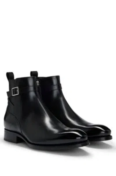 Hugo Boss Leather Jodhpur Boots With Zip Closure And Buckled Strap In Black
