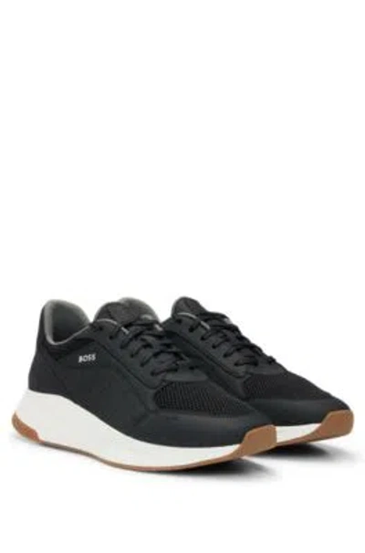 Hugo Boss Leather Lace-up Trainers With Mesh Trims In Black