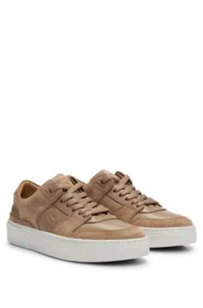 Hugo Boss Leather Lace-up Trainers With Suede Trims In Beige