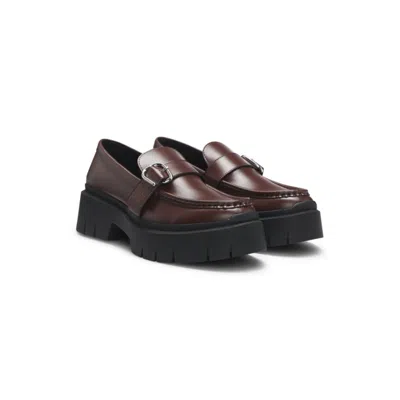 Hugo Boss Leather Loafers With Buckled Strap In Brown