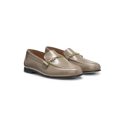 Hugo Boss Leather Loafers With Chain Trim And Logo Detail In Silver