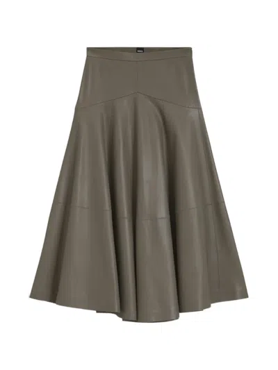 Hugo Boss Leather Midi Skirt With Bell Silhouette In Brown