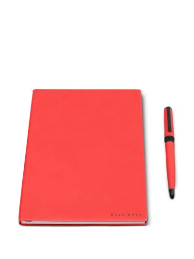 Hugo Boss Leather Notebook And Pen Set In Red