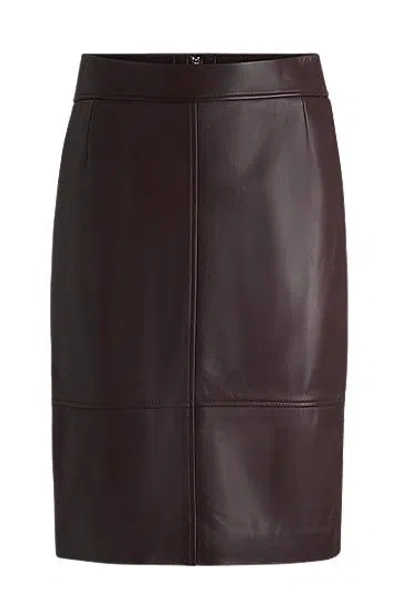 Hugo Boss Leather Pencil Skirt With Panelled Details In Brown