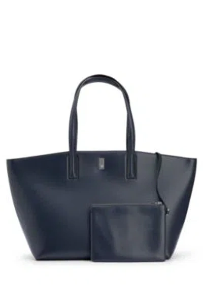 Hugo Boss Leather Shopper Bag With Signature Hardware In Dark Blue