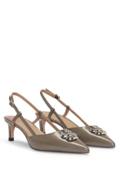 Hugo Boss Leather Slingback Pumps With Double B Monogram In Brown