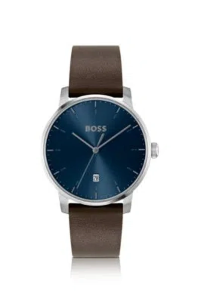 Hugo Boss Leather-strap Watch With Blue Dial Men's Watches In Assorted-pre-pack