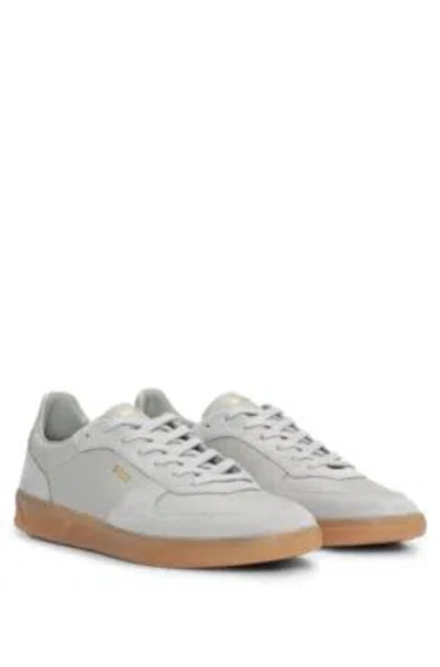 Hugo Boss Leather-suede Trainers With Foil-print Branding In Grey