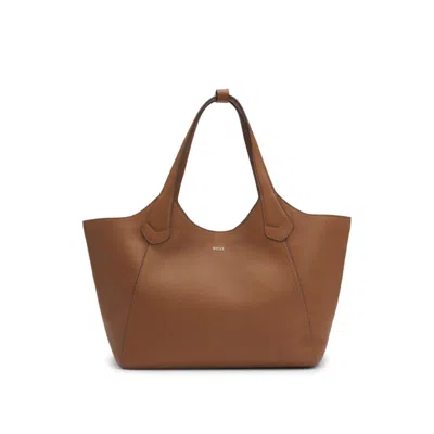 Hugo Boss Leather Tote Bag With Metallic Logo Lettering In Brown