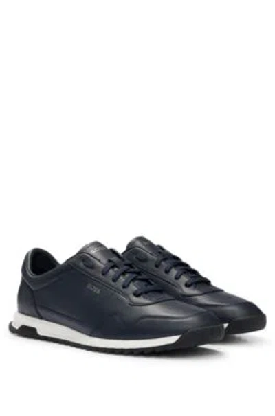 Hugo Boss Leather Trainers With Knurled Sole And Signature Details In Dark Blue