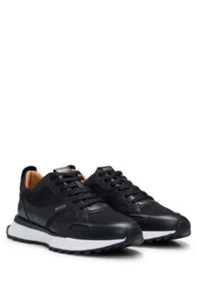 Hugo Boss Leather Trainers With Layered Uppers And Padded Collar In Dark Blue