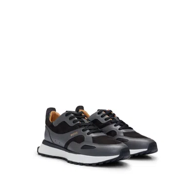 Hugo Boss Leather Trainers With Layered Uppers And Padded Collar In Dark Grey