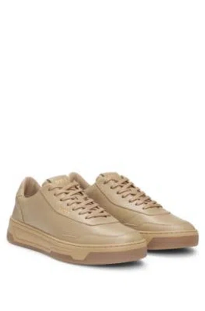 Hugo Boss Leather Trainers With Padded Collar In Beige