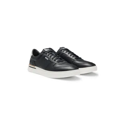 Hugo Boss Leather Trainers With Signature-stripe Details In Black