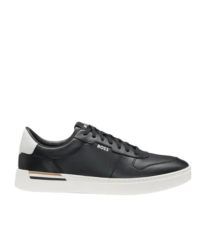 Hugo Boss Leather Trainers With Signature-stripe Details In Black