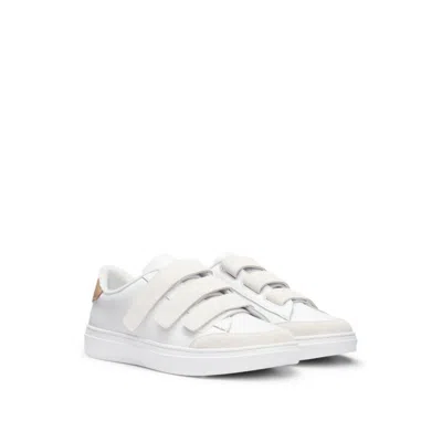Hugo Boss Leather Trainers With Suede Riptape Straps In White