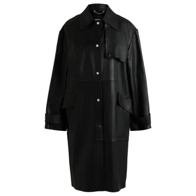 Hugo Boss Leather Trench Coat With Silver-tone Trims In Black