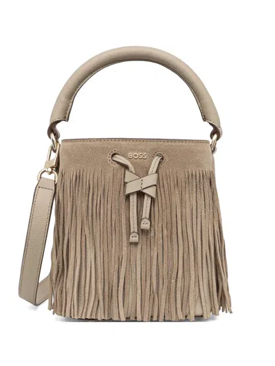 Hugo Boss Lenah Fringed Bucket Bag In Neutral