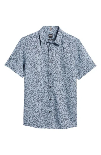 Hugo Boss Liam Leaf Print Short Sleeve Stretch Linen Button-up Shirt In Light Blue