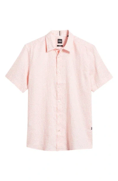 Hugo Boss Liam Leaf Print Short Sleeve Stretch Linen Button-up Shirt In Light Pink