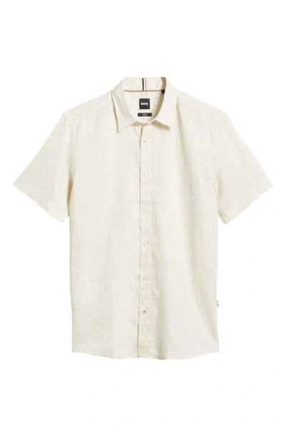 Hugo Boss Liam Leaf Print Short Sleeve Stretch Linen Button-up Shirt In Open White