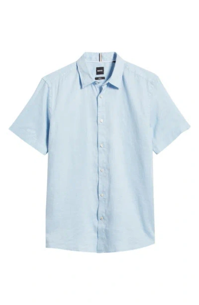 Hugo Boss Liam Slim Fit Solid Short Sleeve Linen Blend Button-up Shirt In Light Blue