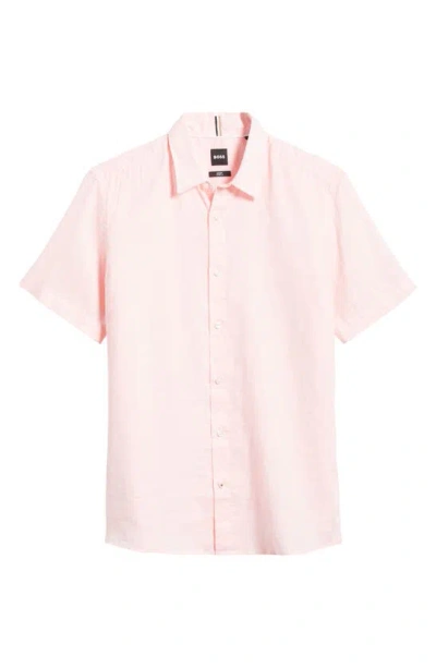 Hugo Boss Liam Slim Fit Solid Short Sleeve Linen Blend Button-up Shirt In Open Pink