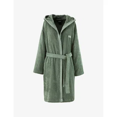 Hugo Boss Lichen Edge Hooded Cotton Bathrobe In Green