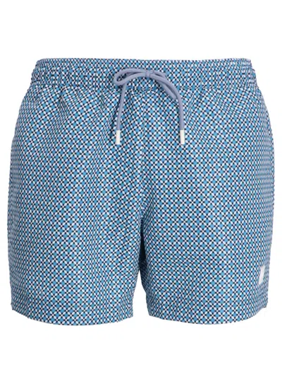 HUGO BOSS MEN LIGHT BLUE GEOMETRIC PRINT SWIM SHORTS, S LUXURY SWIMWEAR FOR MEN DARVEYS