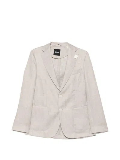 Hugo Boss Patterned Slim-fit Jacket In A Cotton Blend In Neutral
