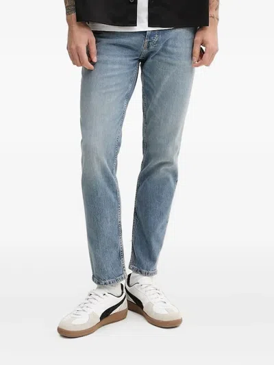 Hugo Boss Light-wash Leather-patch Jeans In Blue