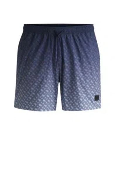 Hugo Boss Logo-badge Swim Shorts With Degrad Monogram Print In Dark Blue