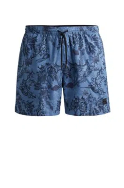 Hugo Boss Logo-badge Swim Shorts With Seasonal Print In Light Blue