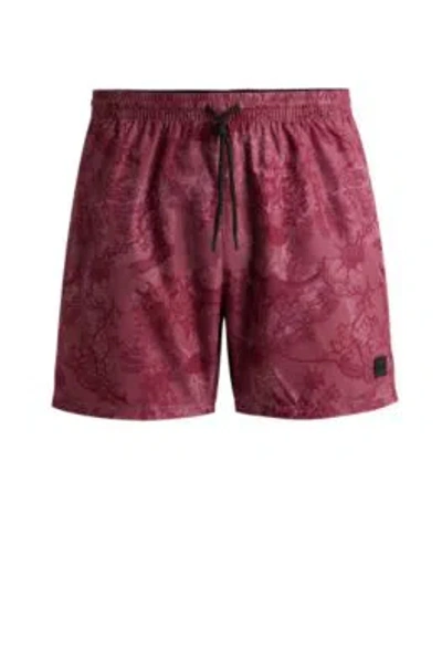 Hugo Boss Logo-badge Swim Shorts With Seasonal Print In Light Red