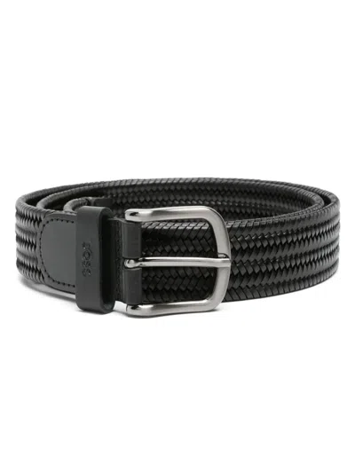 Hugo Boss Logo-debossed Woven-leather Belt In Black