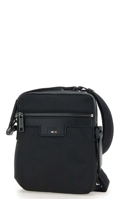 Hugo Boss Logo Debossed Zip-up Messenger Bag In Black