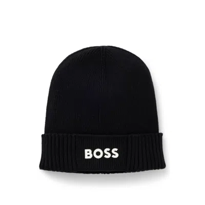 Hugo Boss Logo-detail Beanie Hat In Cotton And Virgin Wool In Black
