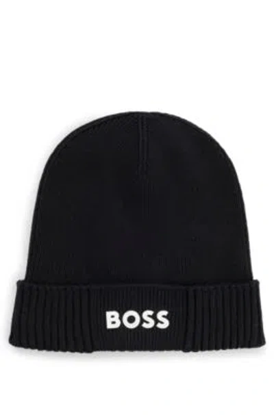 Hugo Boss Logo-detail Beanie Hat In Cotton And Wool In Black