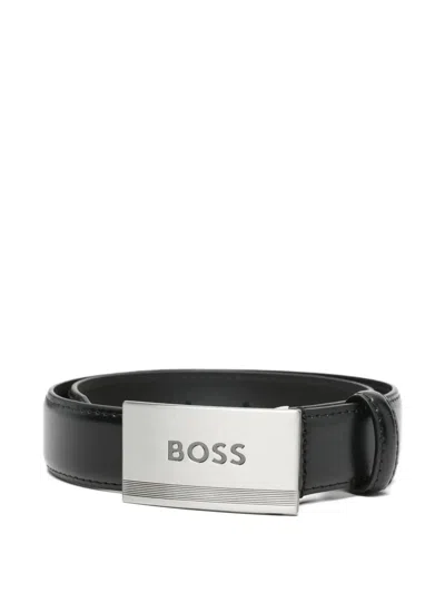 Hugo Boss Kids' Logo-detail Leather Belt In Black
