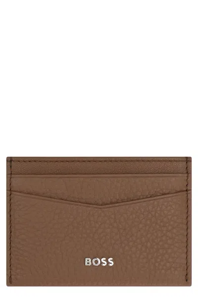 Hugo Boss Logo Detail Leather Card Holder In Brown