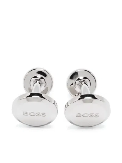 Hugo Boss Logo-embossed Brass Cufflinks In Silver