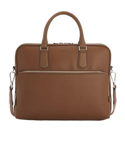 Hugo Boss Logo Embossed Briefcase In Brown