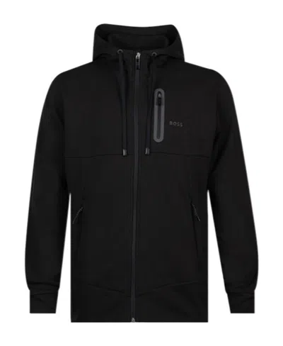 Hugo Boss Logo-embossed Cotton Blend Hooded Jacket In Black