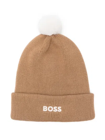 Hugo Boss Kids' Logo-embroidered Beanie In Brown