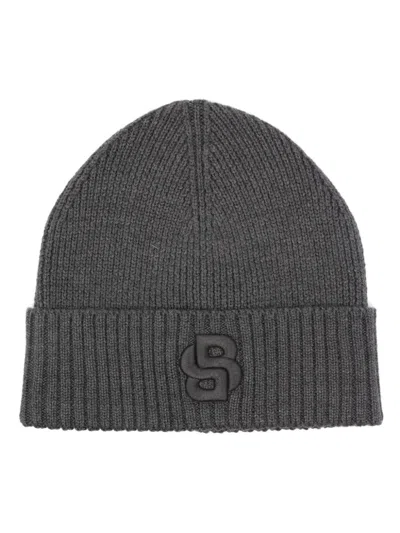Hugo Boss Logo-embroidered Beanie In Grau
